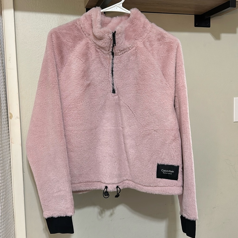 Calvin Klein Fuzzy Faux Fur Quarter-zip Pullover Pink Large